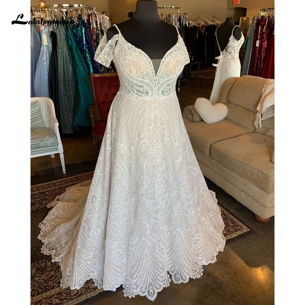 

Boho V Neck Off the Shoulder Back Button Full Lace Tulle A Line Wedding Dress For Women Beach Bridal Gowns Sweep Vestidos RobeCu