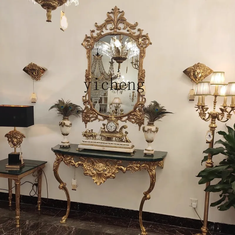 YFY  Heavy Industry Luxury Brass Entrance Mirror Oval Vintage Full Copper Mirror Entrance Table Queen Mirror