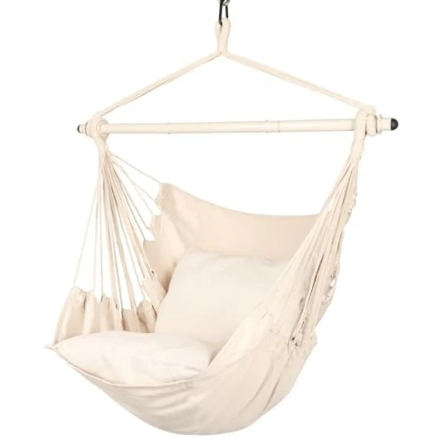 

Hammock Chair Hanging Rope Swing for Indoor or Outdoor Spaces - Beige, Polyester Fabric, 500 Lbs Capacity, Steel Spreader Bar w