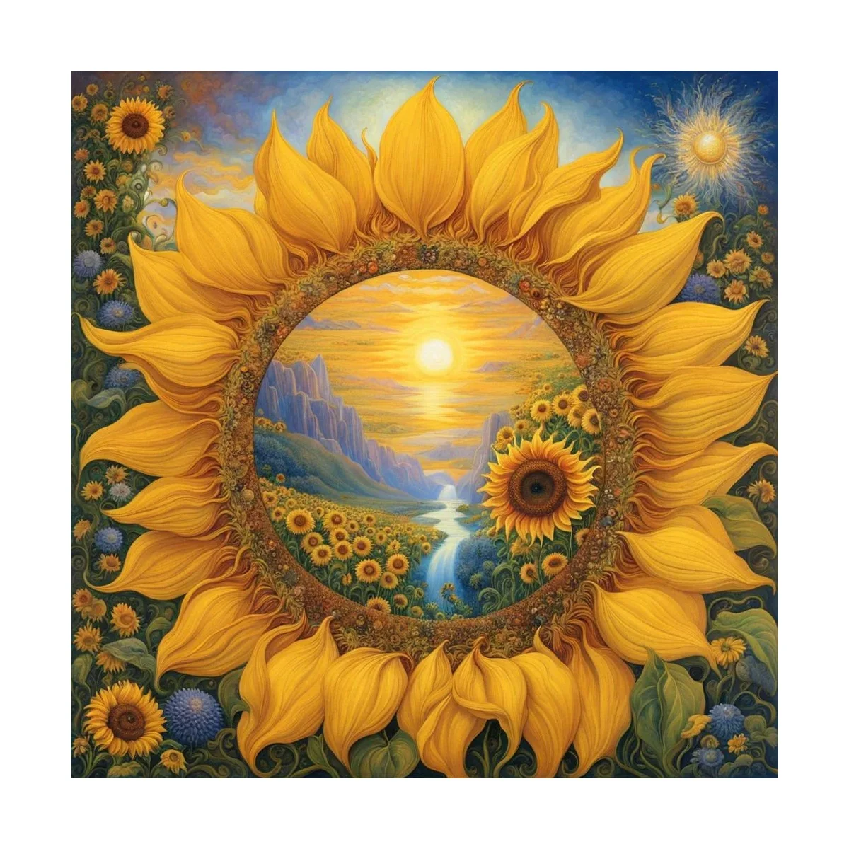 1 Stück 40x40 cm/15,74 Zoll, 11Ct/14Ct Kreuzstich-Set, DIY Valentinstagsgeschenk, Stickerei-Set für Festlichkeiten, Sonnenblumenkranz-Landschaft – Detail 4