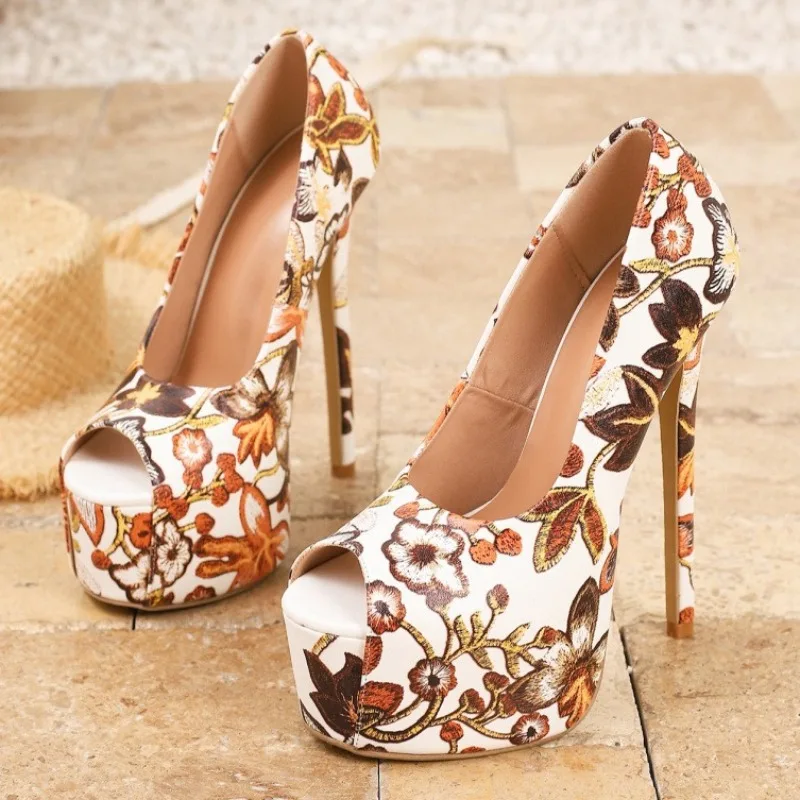 

Элегантный дизайн с принтом на высоком каблуке для женщин, пикантные сандалии на платформе с открытым носком на очень высоком каблуке 16 см, модная вечерняя обувь для танцев на пилоне