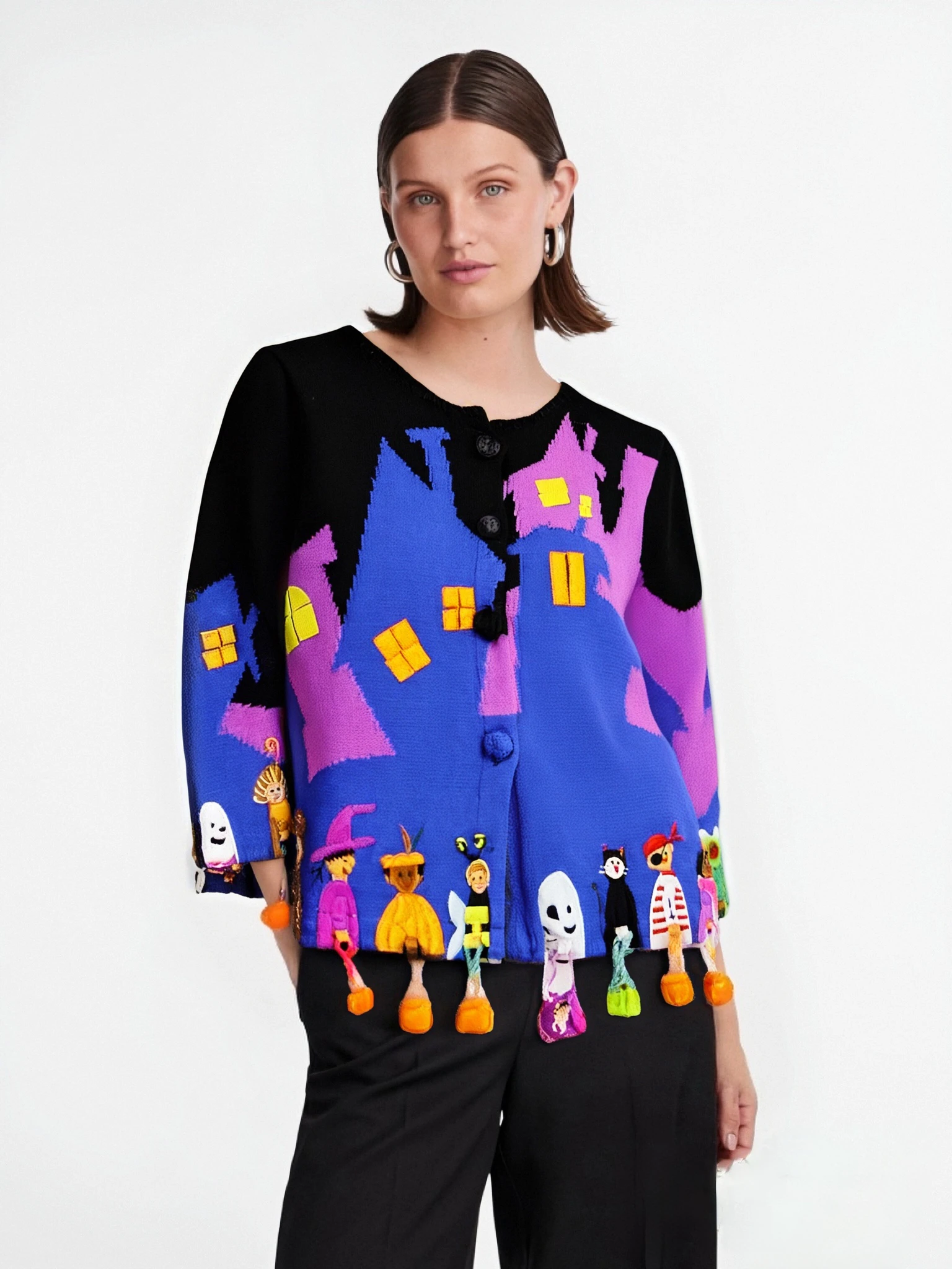 European and American knitted women's sweaters, heavy embroidery, Halloween elf handmade design, cardigan sweater