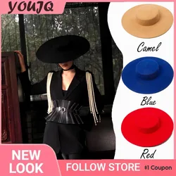 Retro Wide Big Brim Wool Flat Formal Black Women Fedora Stage Show Felt Cap Winter Lady Catwalk Outdoor Top Hats Accessories