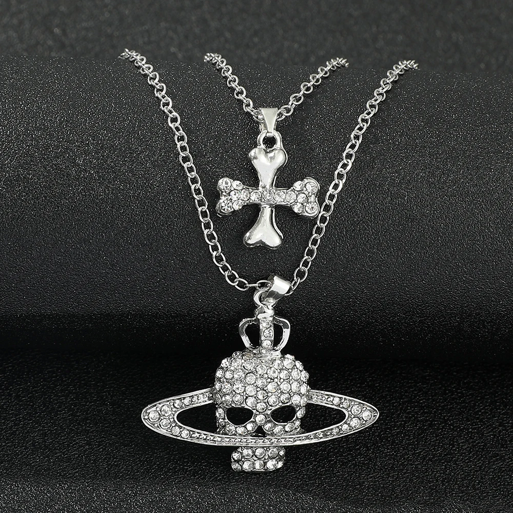 Strass Schädel Anhänger Lange Kreuz Kette Halskette Vintage Punk Goth Stil für Frauen Männer Einzigartige Großhandel Schmuck Zubehör