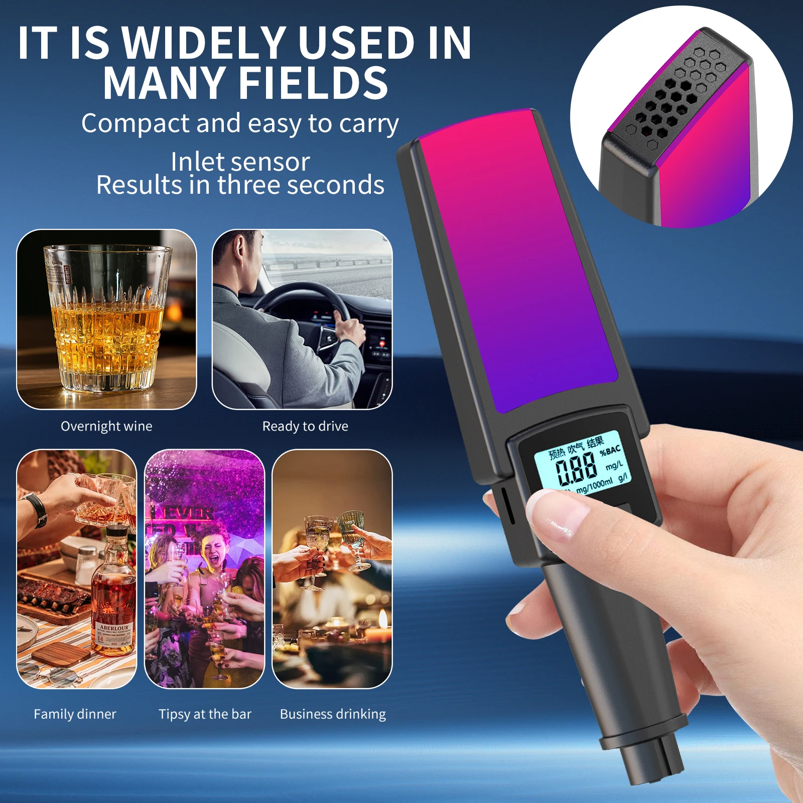 2 in 1 Breathalyzer Window Breaker 500mAh Rechargeable High Precision Alcohol Tester Non-Contact Breath Tester 3 Colors Alarm