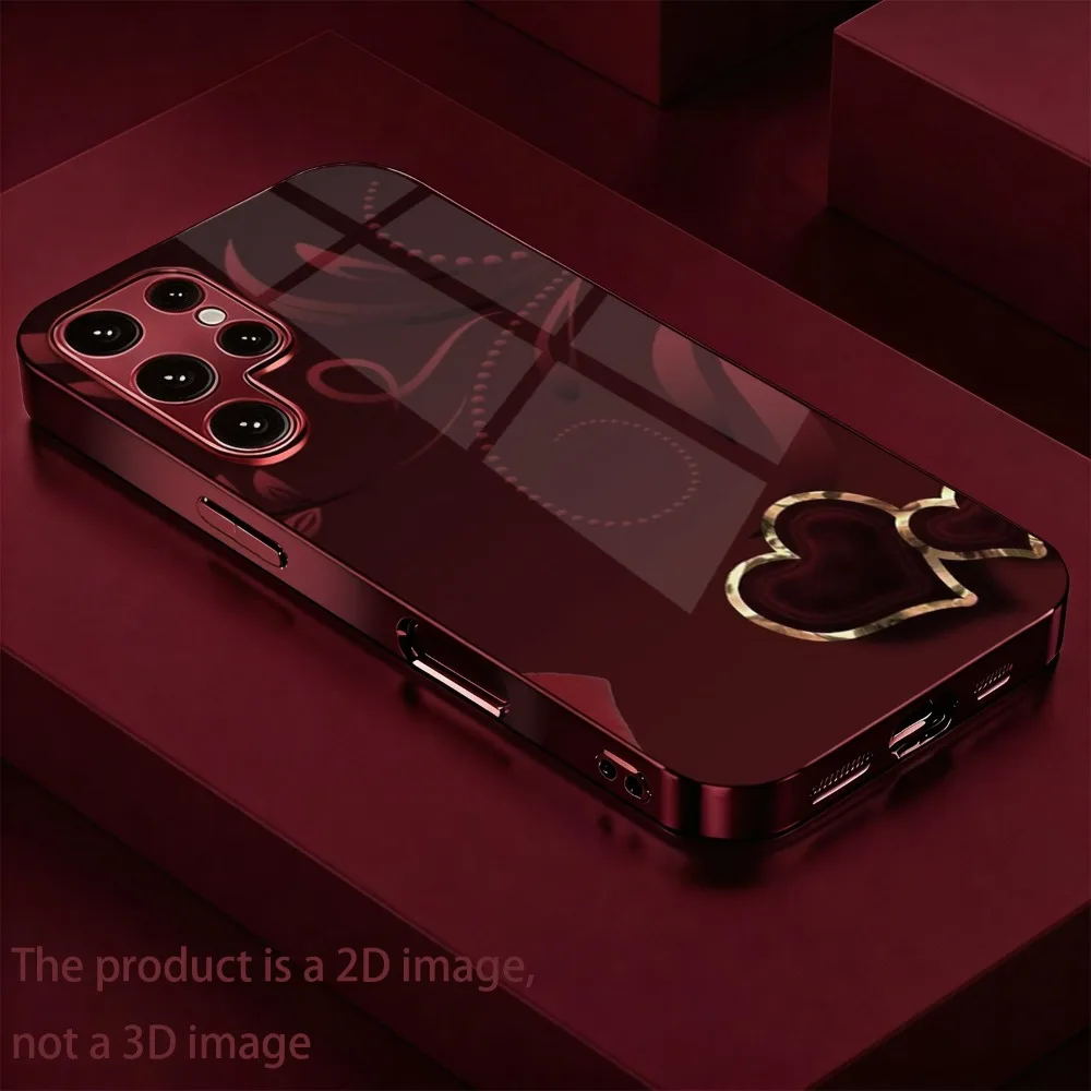 New Burgundy Electroplated Phone Case with Heart Pattern for Galaxy A55 A56  Ultra S21 S21 Ultra S22 S22 Ultra S23 S24  S25 S26