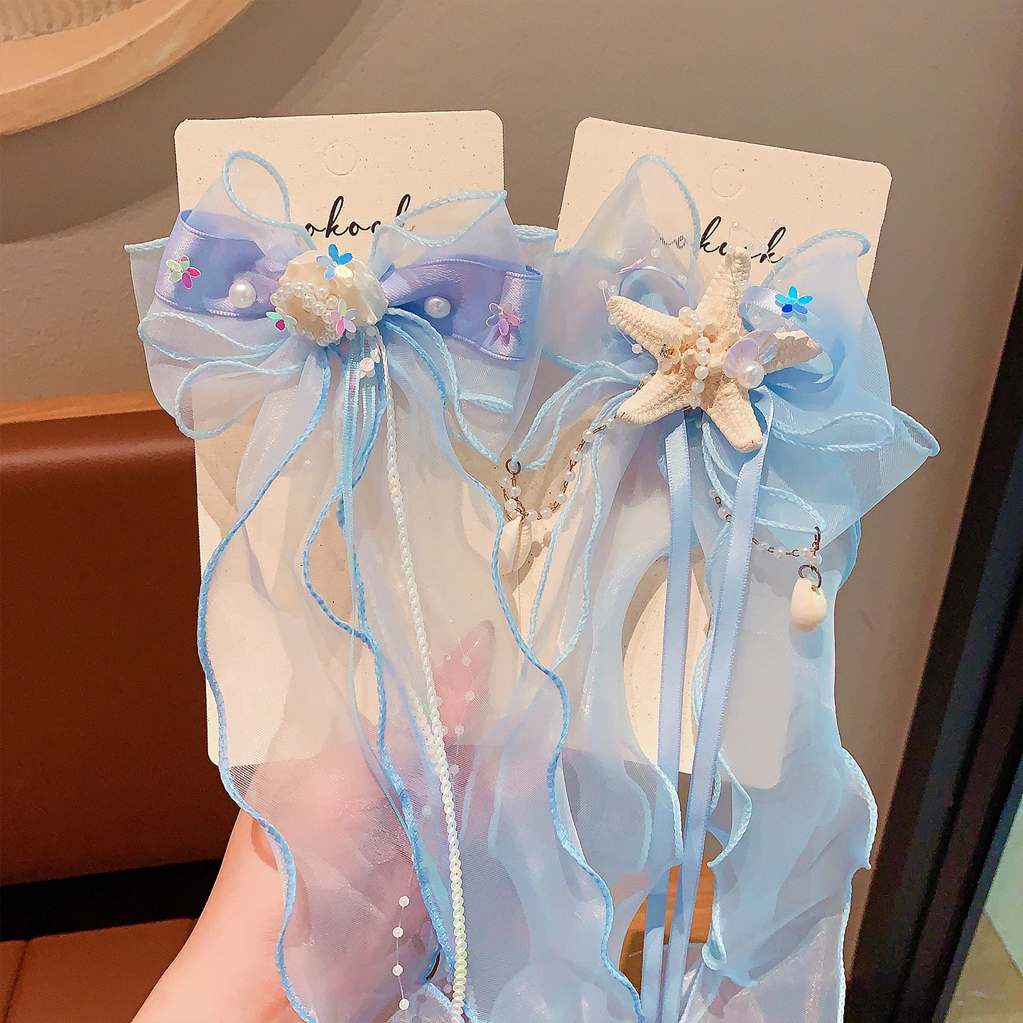 2026 New Boho Ocean Starfish Shell Pearl Hair Clip Fashion No Hurt Hair Long Tassel Tulle Streamers Bow Barrette For Girls Kids