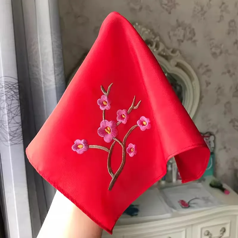 Chinese Traditional Style Auspicious Embroidered Satin Handkerchief Lucky Blessing Floral Scarf For Women Gift Hanfu Dance Props