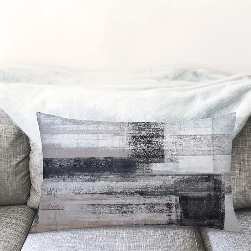 1pc Black White Gray Abstract Oil Paint Brush Stroke Printed Lumbar Pillow Cover, Suitable for Sofa, Bedroom, Living Room, Study