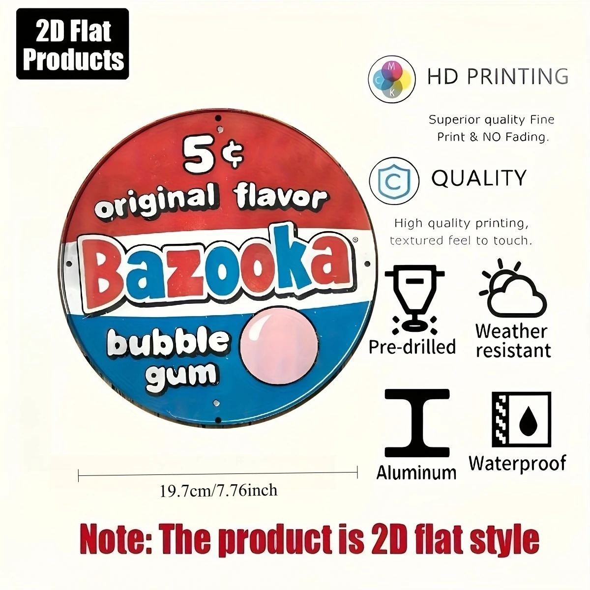 2D Flat, Desperate Enterprises Bazooka Bubble Gum Logo Sign,Retro 1950s Metal Wall Art with Bazooka Joe & Iconic Bubble Gum Logo