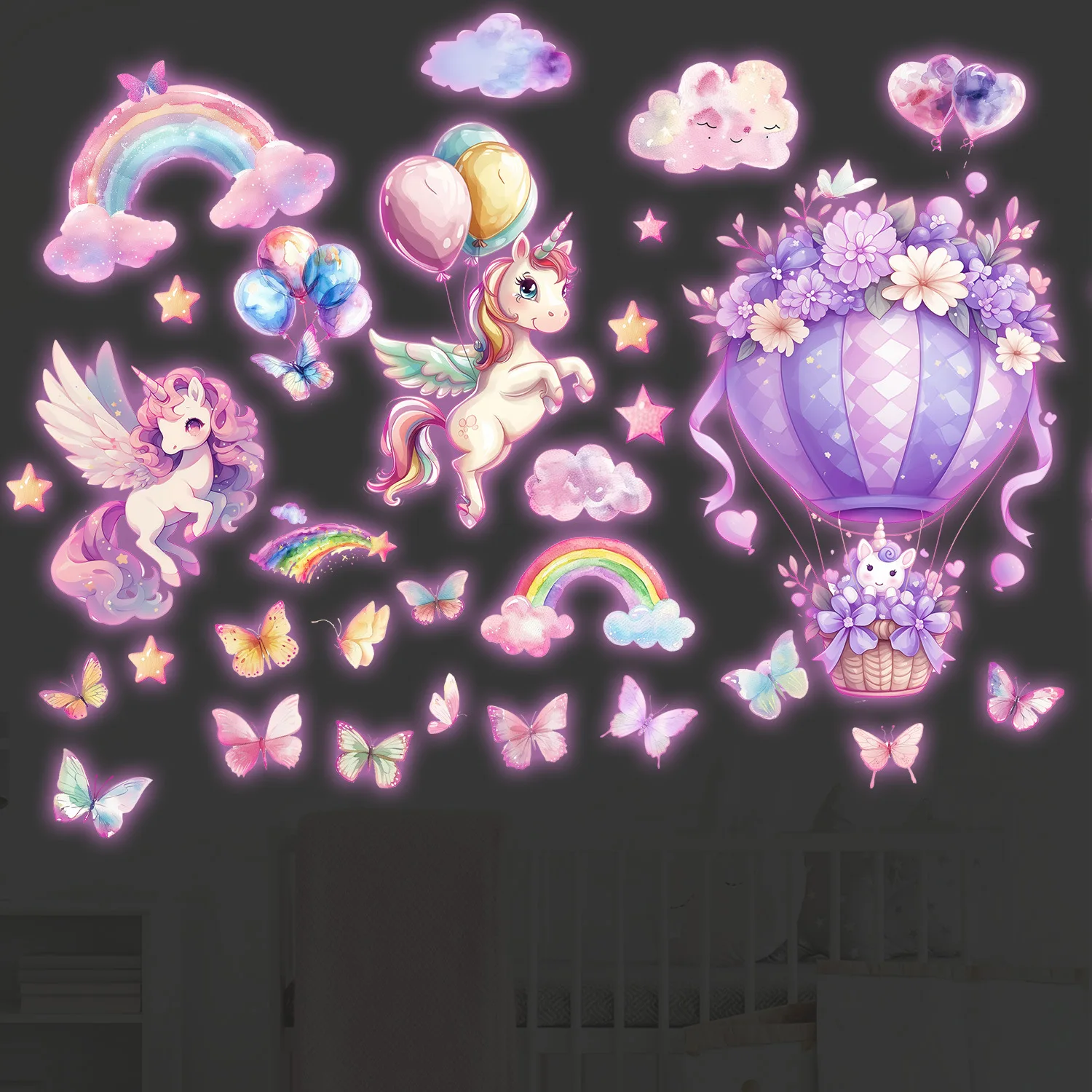 Luminous Unicorn Hot Air Balloon Wall Sticker Glow In The Dark Rainbow Butterflies For Children's Room Fluorescent Decals Decor