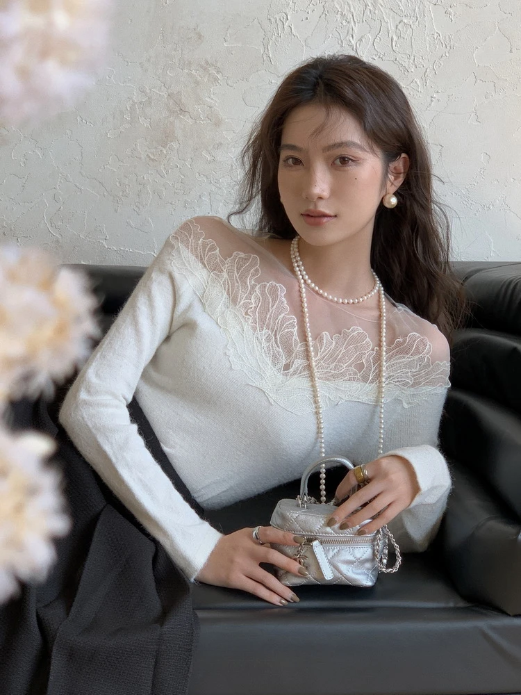 ADAgirl White Off Shoulder Knit Sweater Women Lace Transparent Mesh Long Sleeve Crop Pullovers Fairycore Aesthetics Clothes Chic