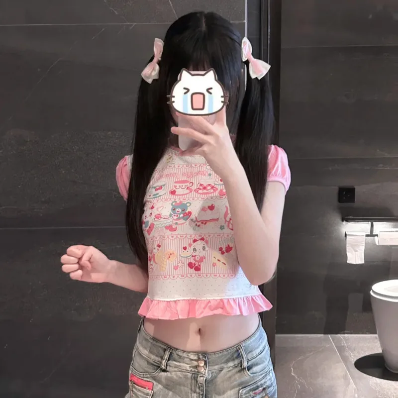 Kawaii Lolita Y2k Pink Slim T-shirt Japan Style Harajuku Crop Top Cute Printed Ruffles Puff Sleeve Tees Aesthetic Women Clothing