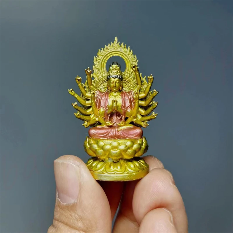 

Pure Copper Painted Mini Statue of Guanyin Bodhisattva, Thousand Hands, Auspicious Small Ornaments, Exquisite and Religious Feng