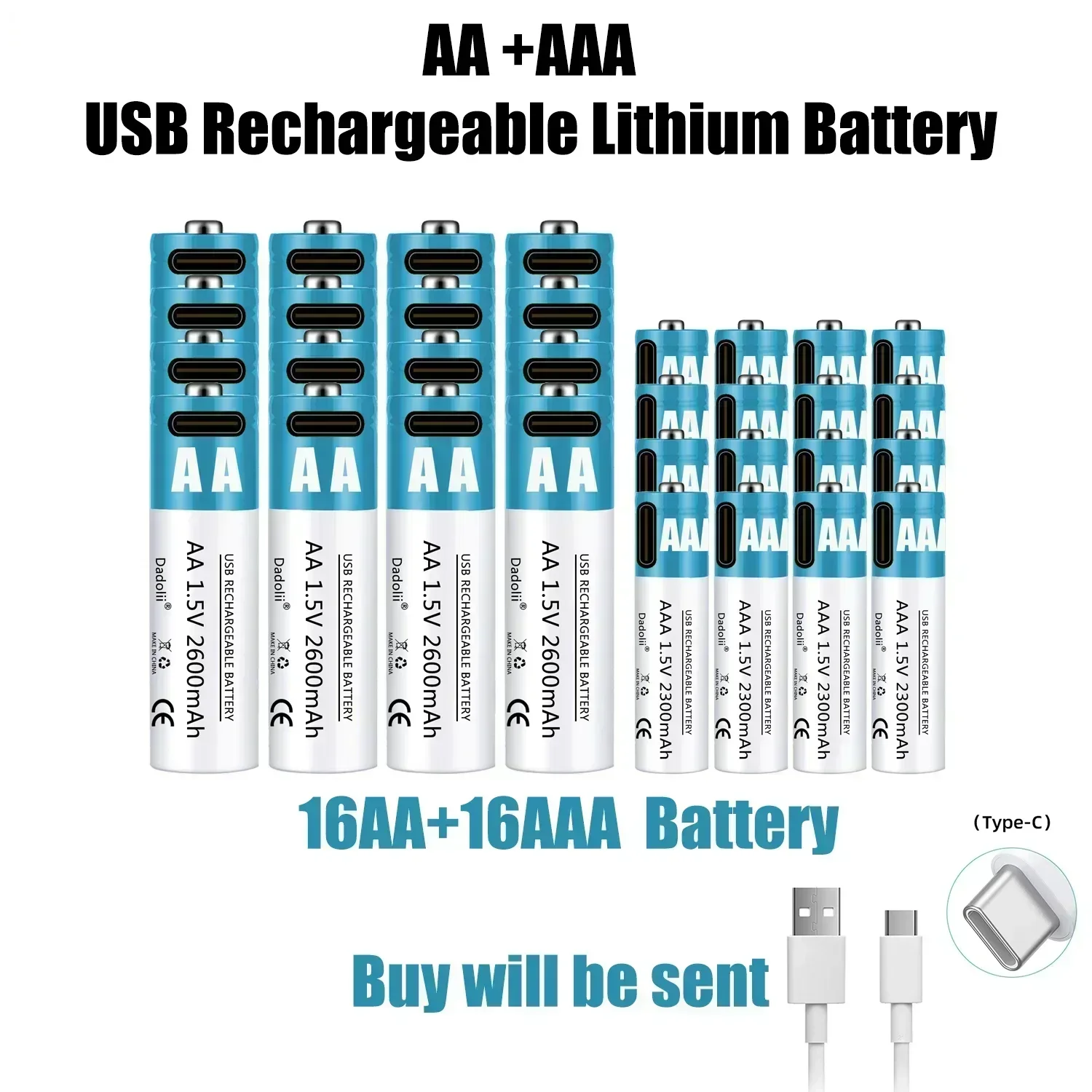 

2024 AA AAA 1.5V rechargeable Battery 2600mAh rechargeable lithium ion battery AA 1.5V USB fast charging lithium ion battery