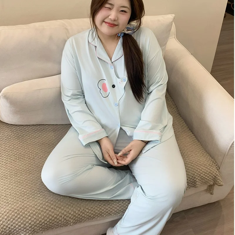 

Комплект пижамы больших размеров с милым слоном для женщин, в стиле Харадзюку, оверсайз, с длинными рукавами, мягкая повседневная одежда для сна, новинка весенней коллекции, домашняя одежда