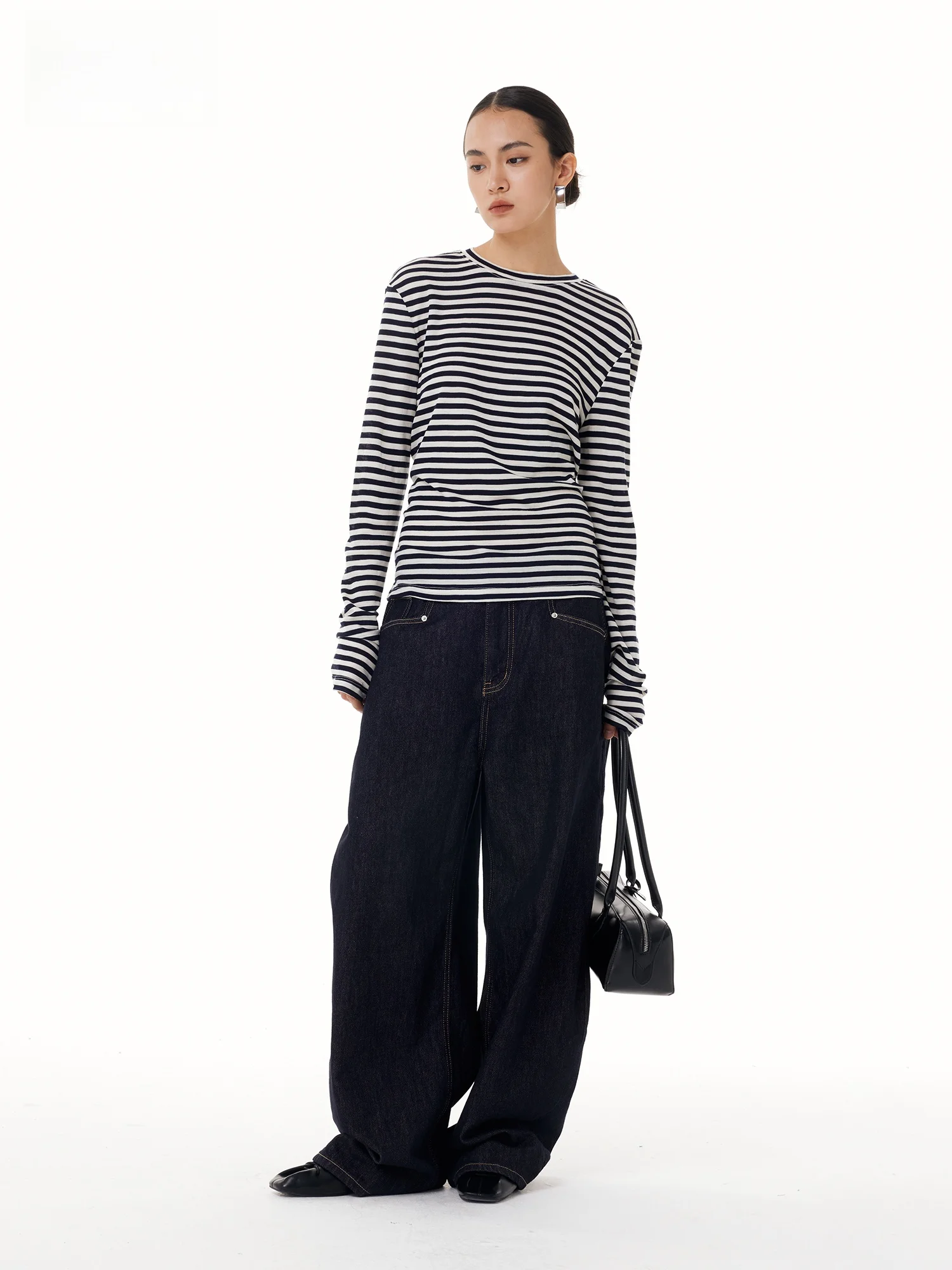 

Wildund Spring Autumn Wool Long Sve Comfortable Striped Base irt Versatile Commuting T-irt Women's Loose Fit round Ne