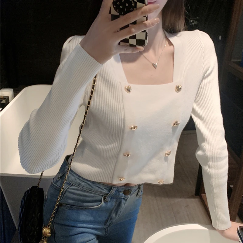 MEXZT White Cropped Sweater Women Black Square Collar Knitted Pullovers Korean Fashion Long Sleeve Knitwear Fall Winter Jumpers