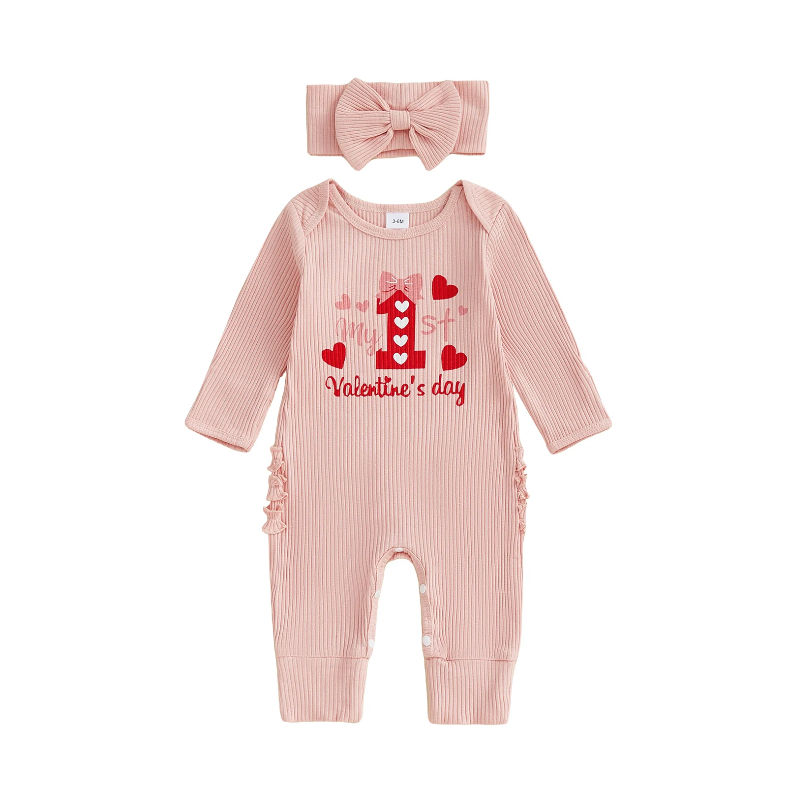 

Baby Girl Valentine’s Day Outfits Long Sleeve Heart Print Jumpsuit with Headband Set Newborn Clothes