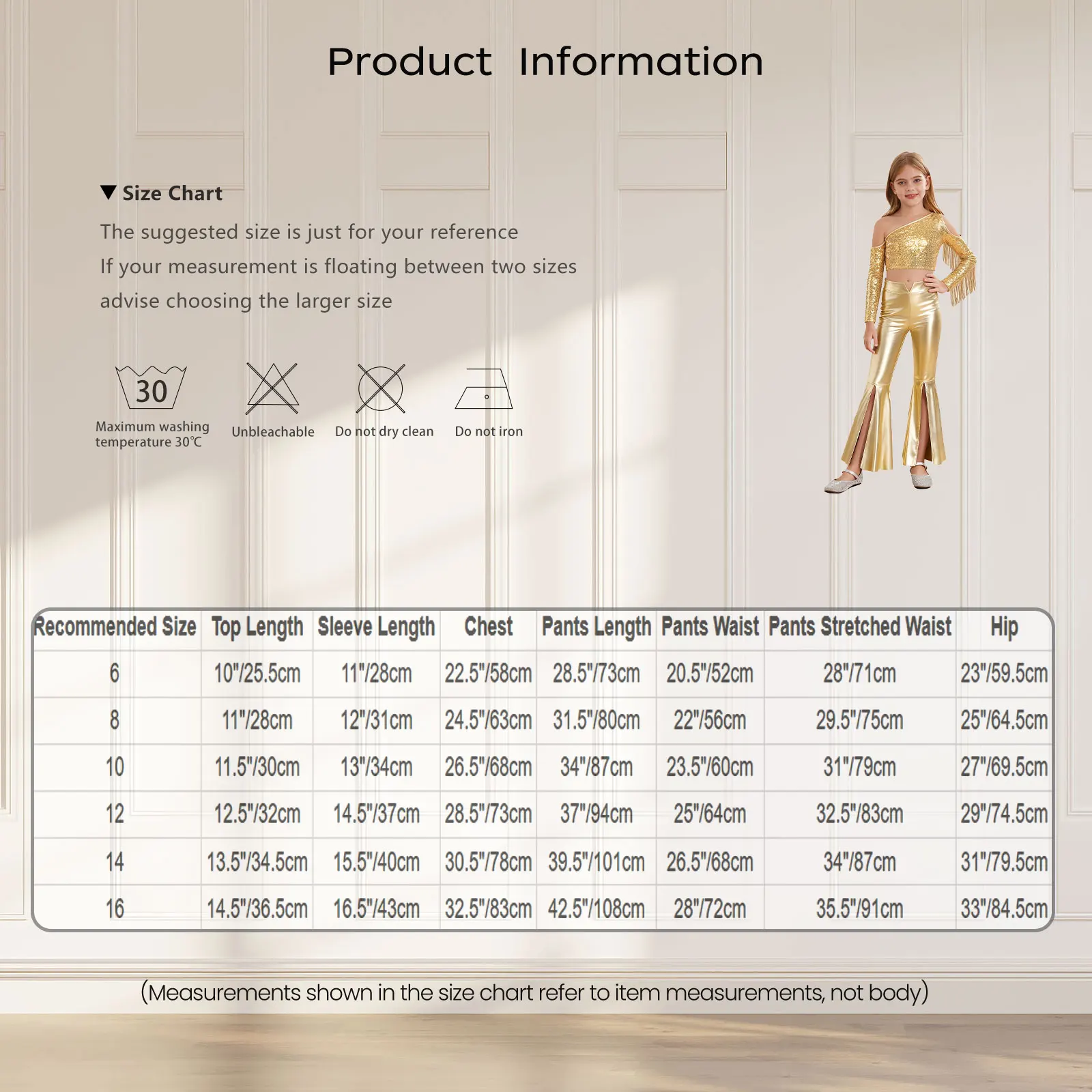 Zestaw na konkurs piękności dla dziewczynek: top z cekinami na jedno ramię i spodnie dzwony z rozcięciem, kostium do tańca disco i tańca brzucha.