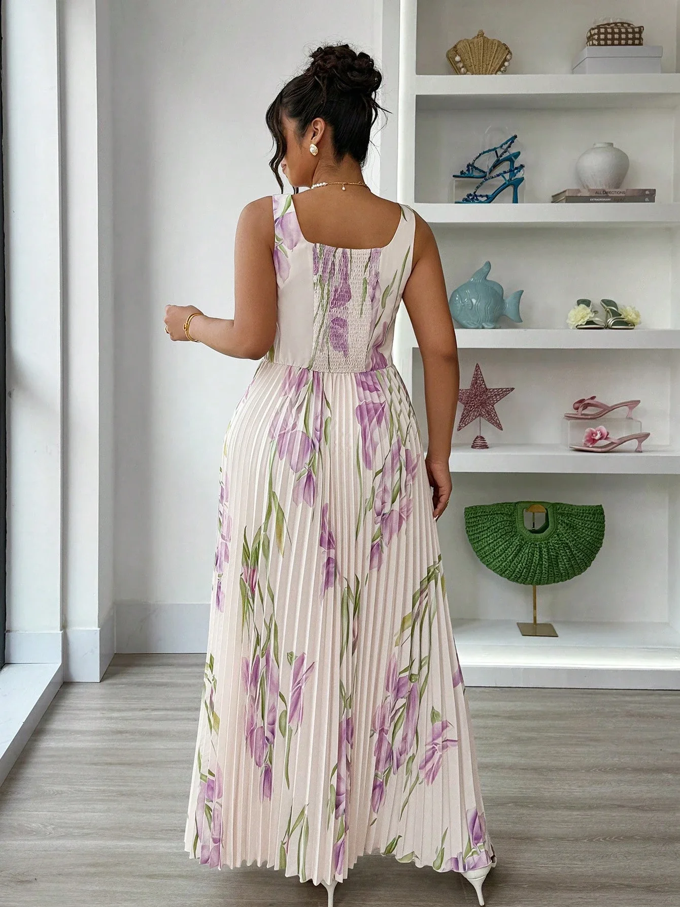 

Фиолетовое плиссированное платье макси без рукавов с цветочным принтом для женщин, весна-лето