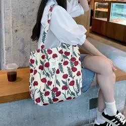 Women Canvas Bags Floral Shoulder Bag Large Capacity Printed Shopping Bag Female Fashion Casual Open Handbag