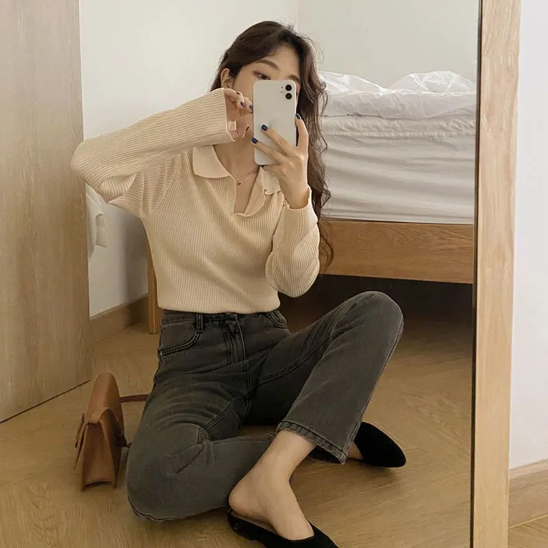 Xpqbb Sweaters for Women Vintage Brown Turndown Collar Knitted Sweater Pullover Female Autumn New Thicken All-match Knit Jumpers