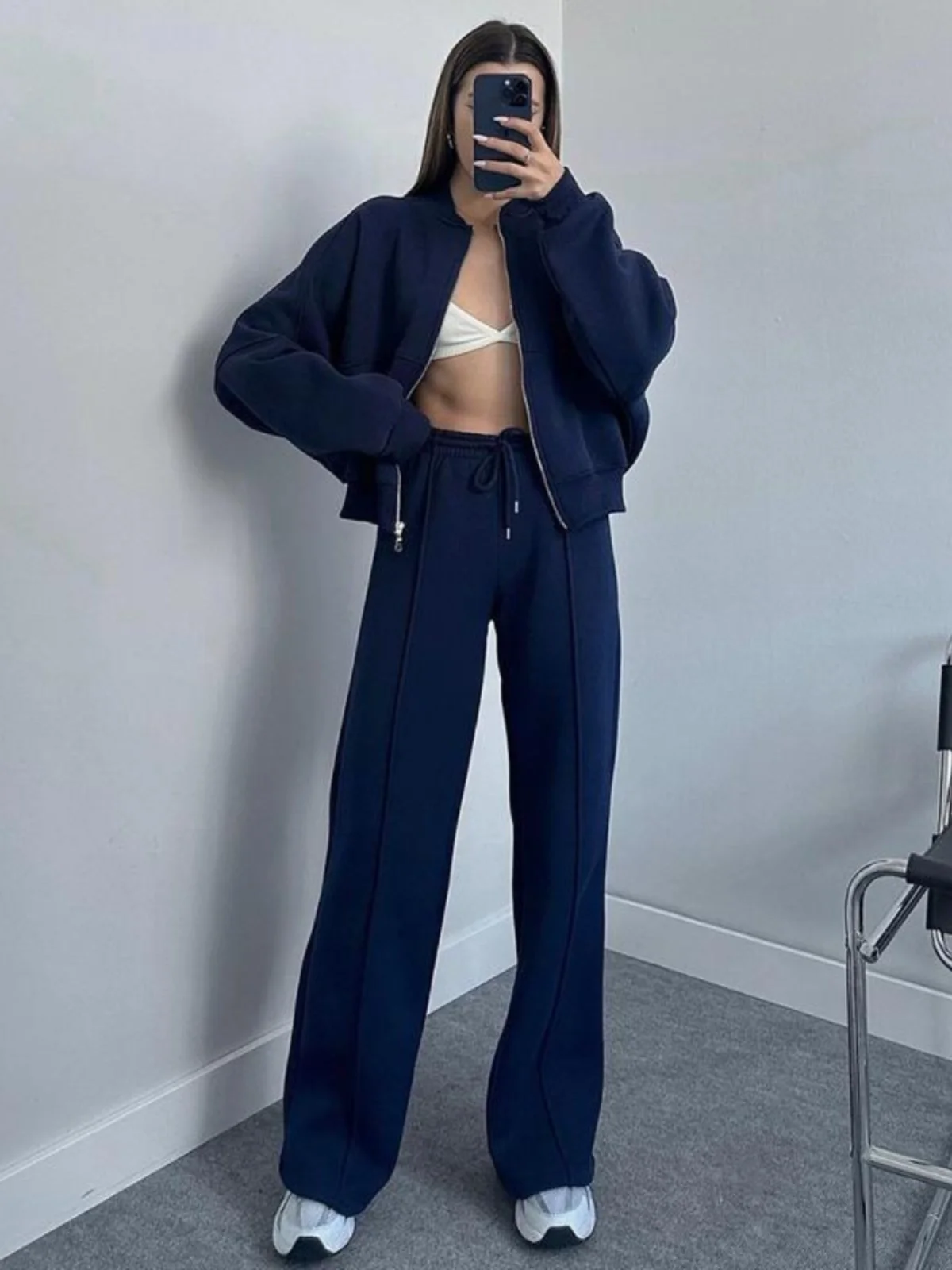 Autumn Winter Zipper Sweatshirt Casual Straight Leg Pants Set Women's Two-Piece Long Sleeve Zip-Up Comfortable Sportswear