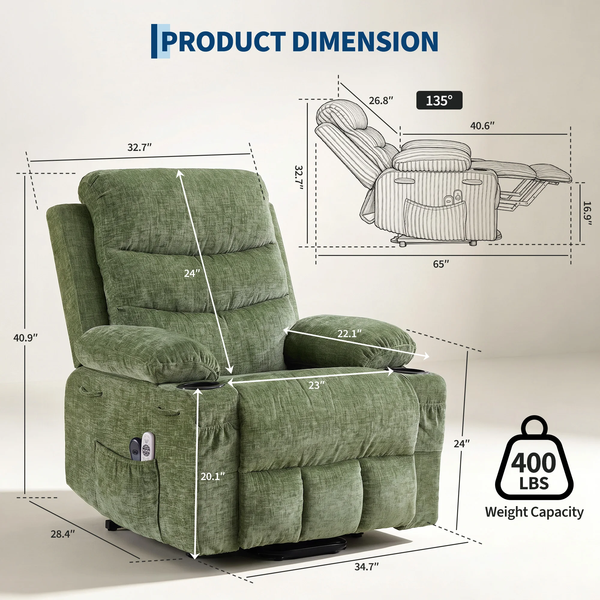 Power Lift Recliner Chair for Elderly, Oversized Stand Assist Lounge Chair, Heat & Massage, Lumbar Support, 2 Cup Holders, Easy Assembly, Living Room/Home Theater