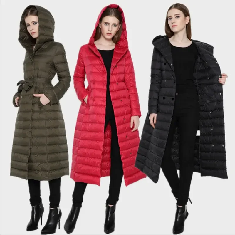 Women's Long Hooded Down Jackets, Warm Parkas, Ladies Coats, Tie Belt, Thicken Outerwear, Female Windbreaker, Winter