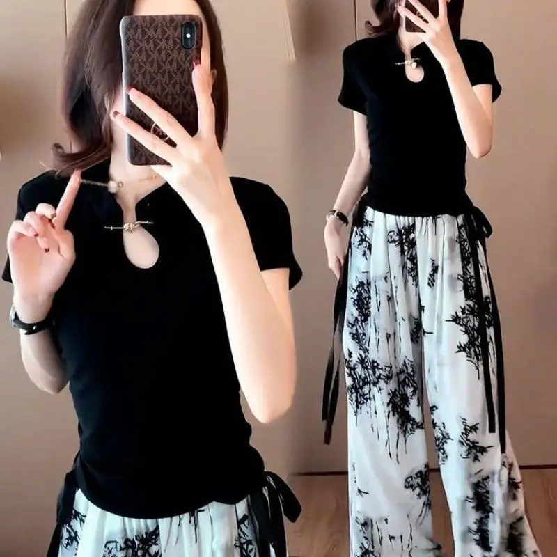 

Chinese Style Graceful Black Slim T Shirts Wide Leg Print Pants 2 Piece Set Women Summer Vintage Short Sleeve Tops Trousers Suit