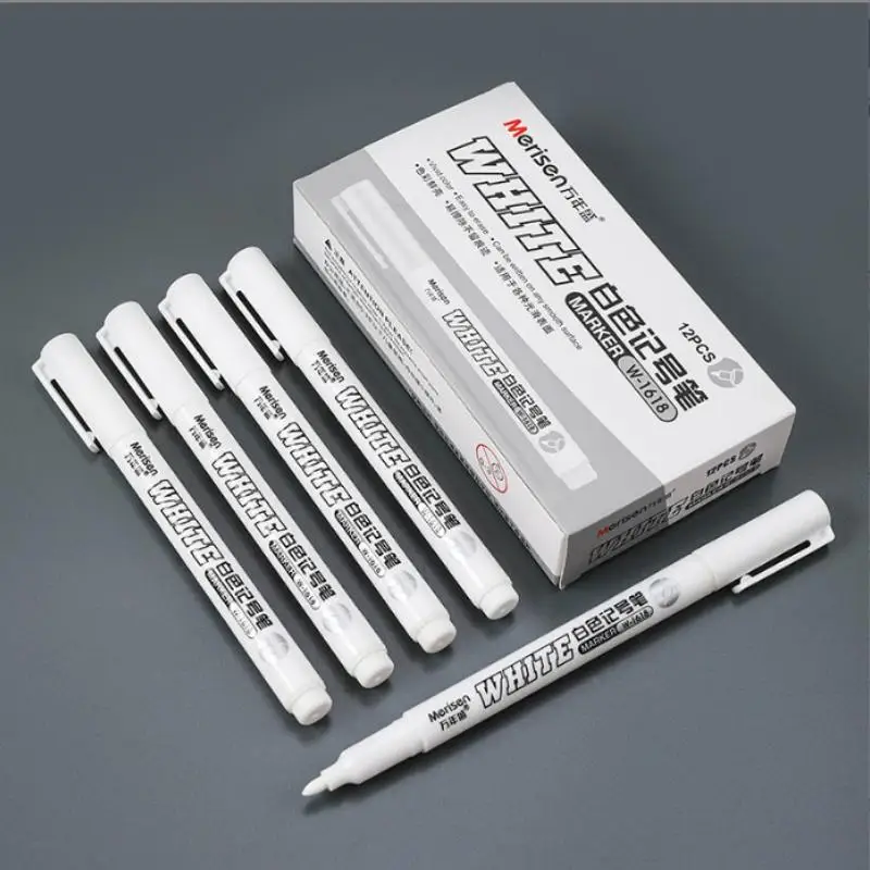 12pcs/Box Permanent White Marker Pens With Opaque Quick Drying Ink Smooth Tip For Diy Crafts Art Drawing Dark Surface Marking view 3