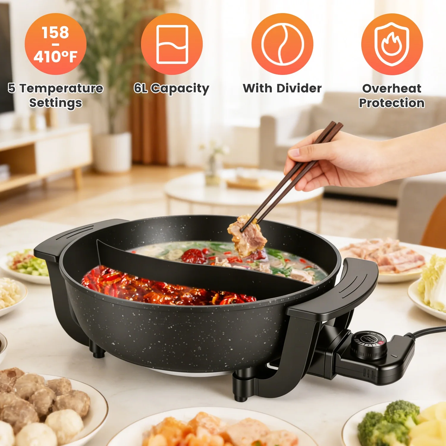 6L Large Capacity Electric Hot Pot with Divider, 5 Gear Adjustable Temperature Non-Stick Electric Cooker, Multifunctional Fondue Pot for 3-6 People with Cooking Tools view 2