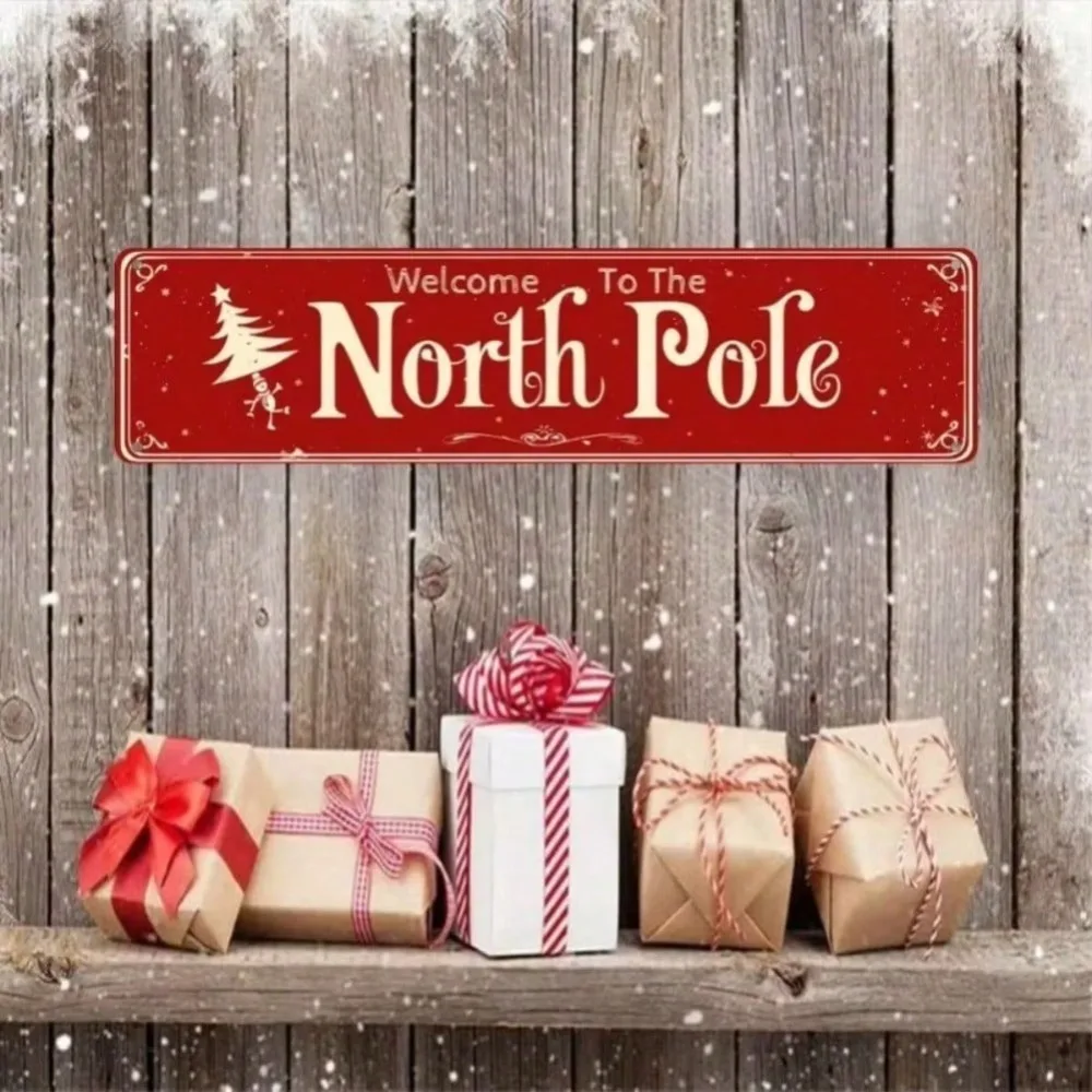 لافتة ترحيب معدنية قديمة من القطب الشمالي مقاس 4 × 16 بوصة - ديكور عطلة عيد الميلاد لجدار ساحة مقهى الشرفة المنزلية