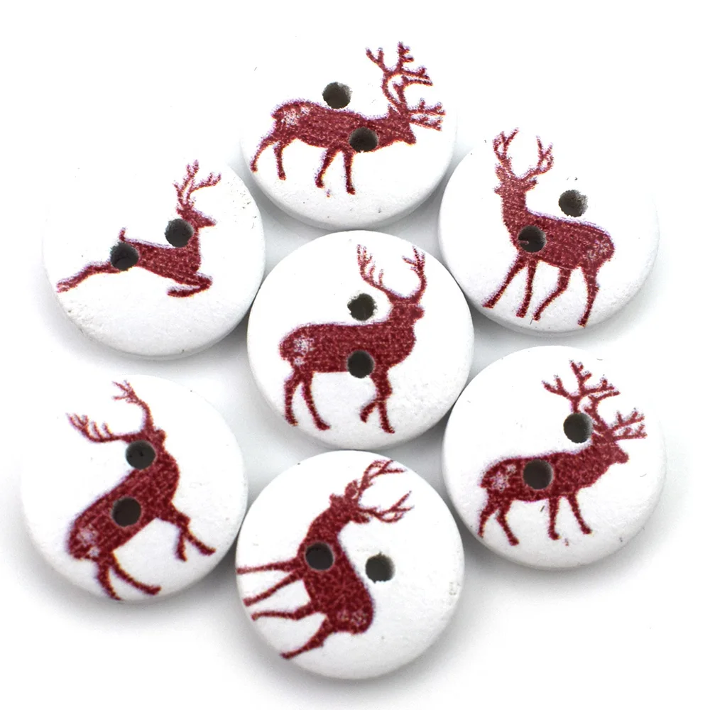 

50PCS 15MM 2 Hole Christmas Elk Round Wood Buttons Home Clothing Sewing Scrapbooking Decor Handmade DIY Wooden Button