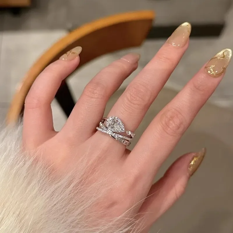 Luxury Teardrop Cubic Zirconia Eternity Band Ring Splendid Sparkling Double Layer Engagement Wedding Promise Statement
