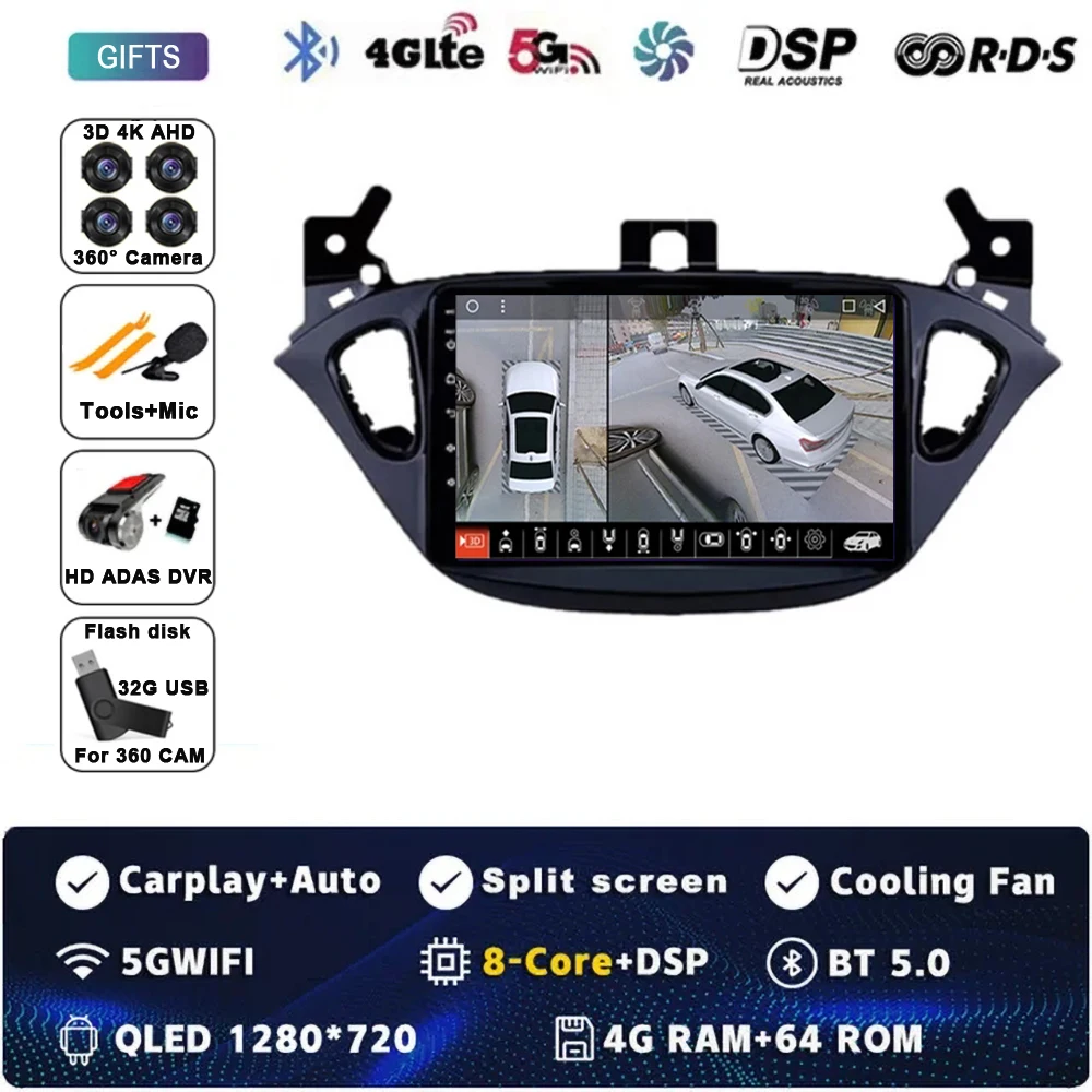 Android 16 autoradio, multimediasysteem, GPS-navigatie, stereosysteem, Carplay Auto voor Opel Corsa E 2014 2015 2016 2017 2018 2019