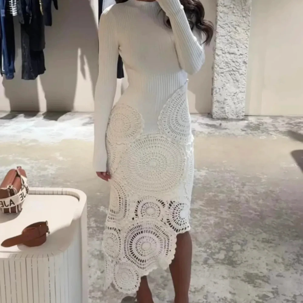 

Customized Exquisite Prom Gowns Women's O-neck Long Sleeve A-line Ankle Length Hem Cut-out Evening Dresses White Party Dress