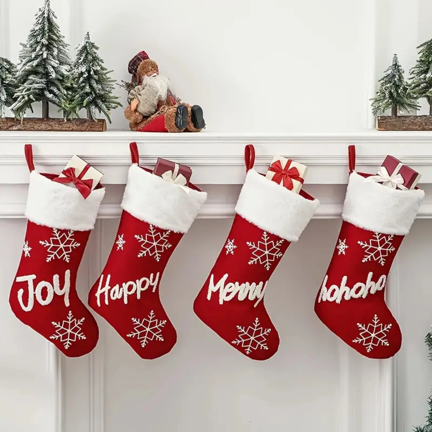 Christmas Stocking , 18.5 Inches Red Xmas Stocking With White Soft Plush Cuffs, Christmas Decorations Stocking With Merry Or Joy