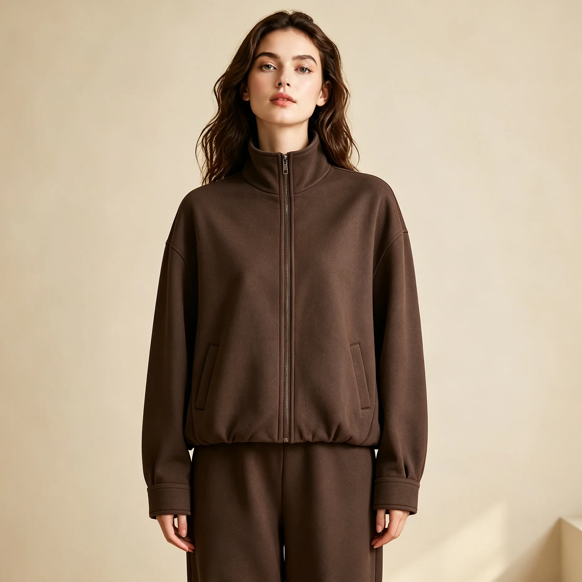 RU Ladies High Mock Neck Full Zip Sweat Jacket Elastic Band Cuff Hem Side Slant Pockets Loose Soft Long Sleeve Fashion ToP