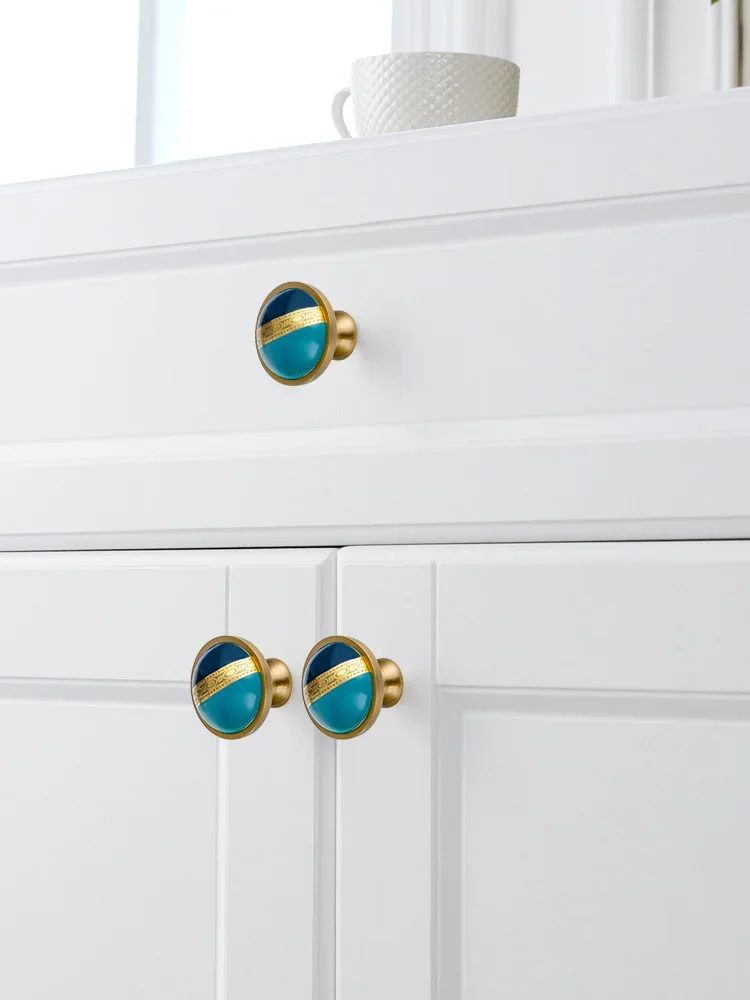 American Wardrobe Handle Door Light Luxury Golden European Style Handle Kitchen Cabinet Drawer Blue Ceramic Furniture Handle