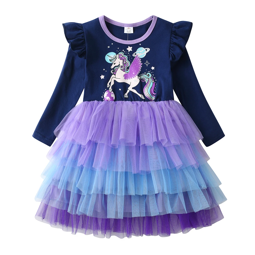 DXTON Princess Mesh Dress For Girls Unicorn Layered Mesh Cake Children Birthday Party Clothing Long Sleeve Autumn Baby Kid Dress