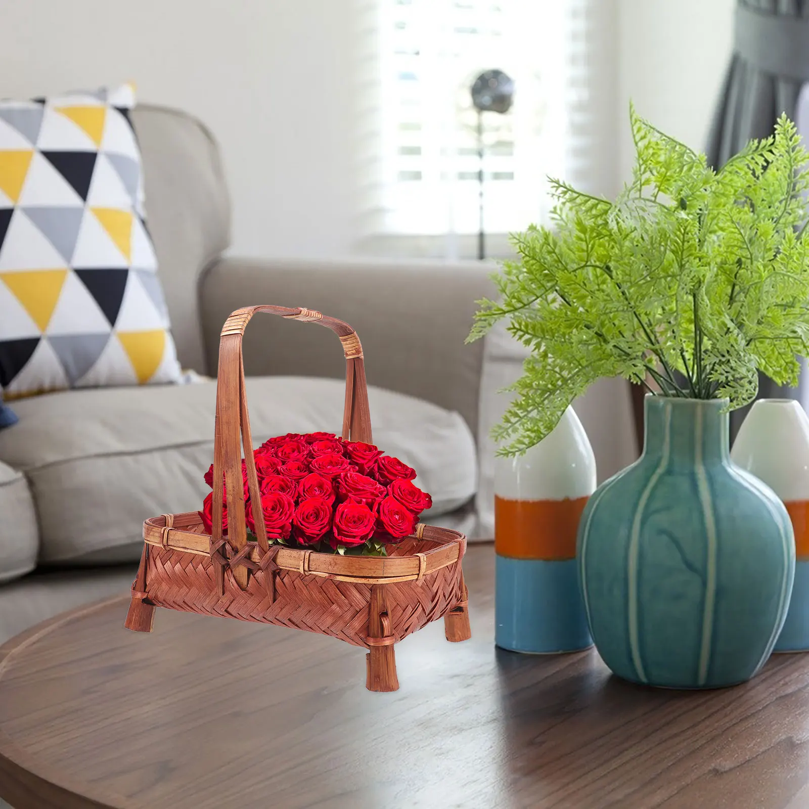 

Bamboo Weaving Storage Basket Small Lightweight Handled Snack Fruit Holder Home Organizer Desktop Decorative Woven Containers