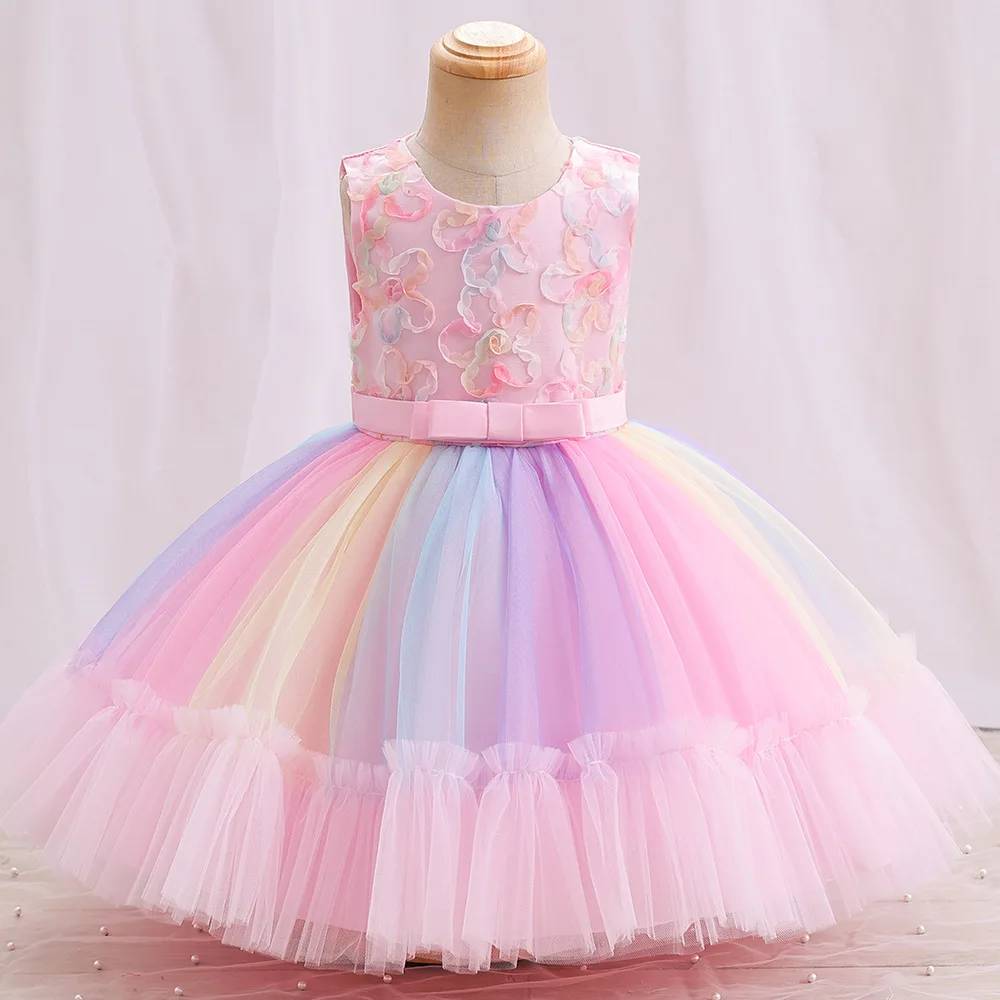 ELBCOS 1-12T Kid Girls Applique Flower No-Sleeve Sleeve Bowknot Bubble Skirt Colorful Costumes Evening Full Dress