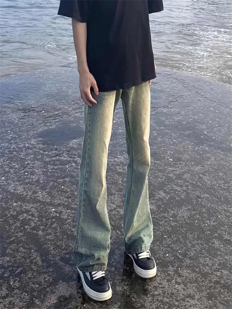 

Американские джинсы-клеш в стиле ретро для мужчин, свободного прямого кроя, зимние, новый стиль, молодежная повседневная одежда