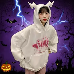 Novelty Hoodies Women Demon Lightning Horn Solid Color Hooded Sweatshirt Hipster Pullover Tops Hip Hop Loose Casual Streetwear