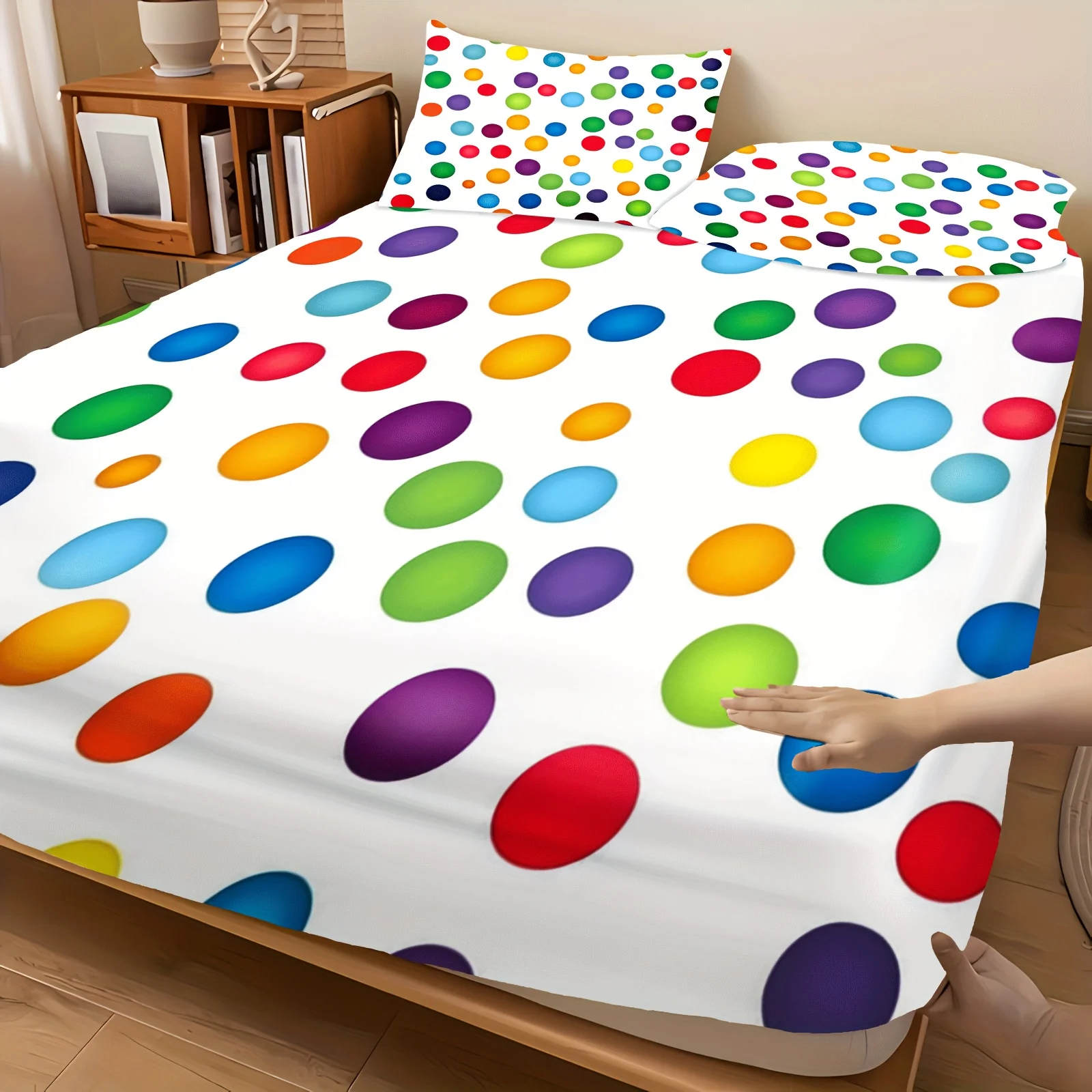 Colorful Polka Dot Printed Fitted Sheet and Pillowcase Three-Piece Set, 2D Digital Printed Three-Piece Bedding Set (Includes 1 Fitted Sheet + 2 Pillowcases), 3-Piece Set, Large Deep Pocket 2D Printed Fitted Sheet and 2 Pillowcases, Fitted Elastic Sheet, Protective Cover, Mattress Protector, Machine Washable Design, Holiday Decoration, Various Sizes, Breathable Protective Cover Plus Pillowcase