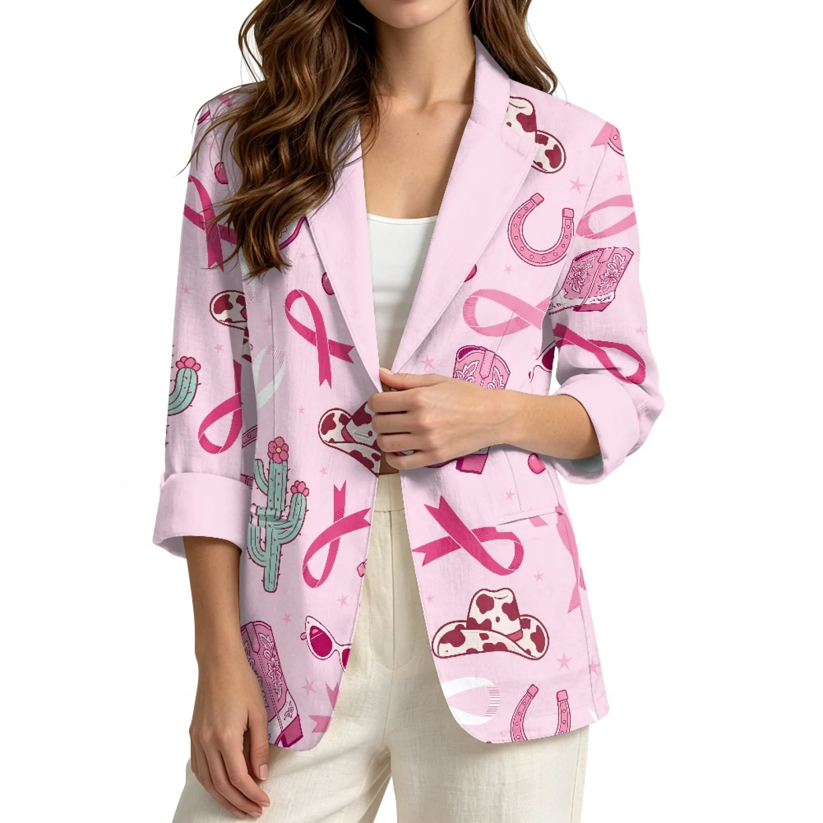 PENSTROLL Pink Ribbon Western Print Linen Style Open Front Beach Cover Ups Sizes S-3XL Loose Cardigans for Women for Work
