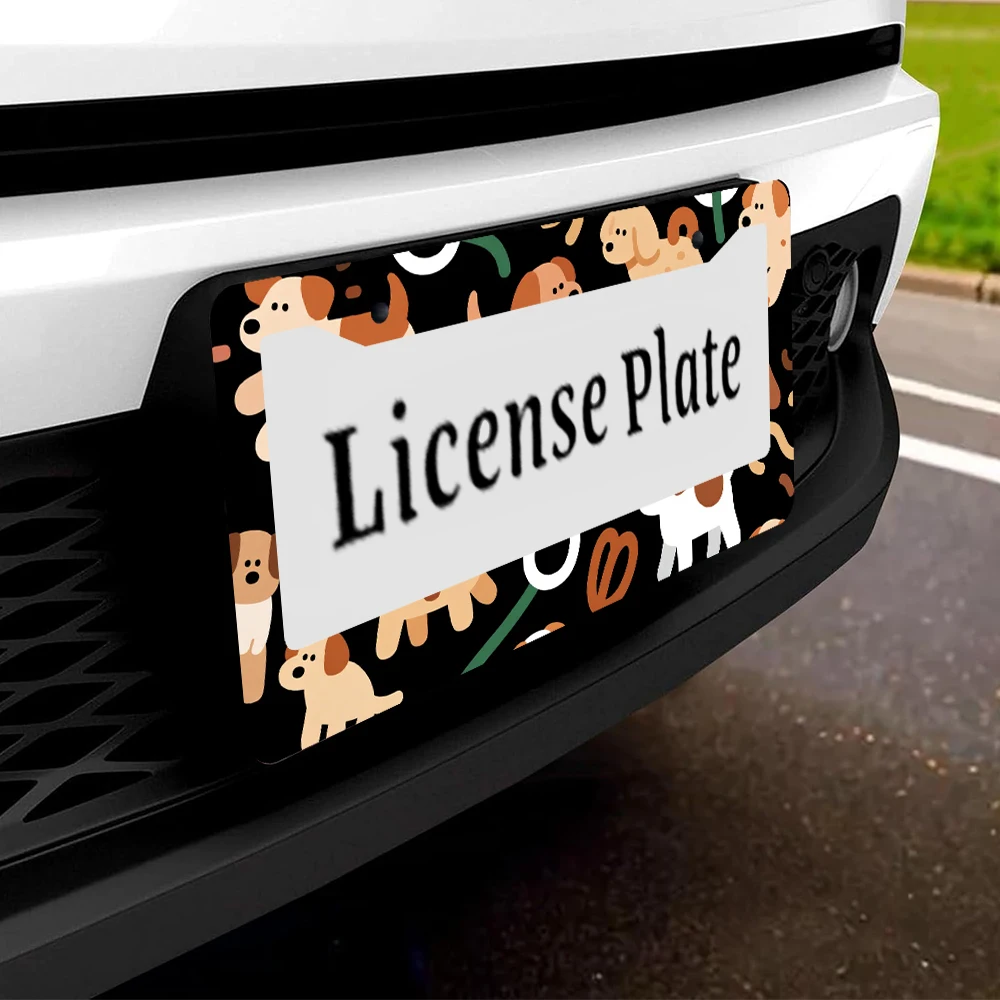 1pc Black Color Cartoon Dog Pattern 2 Hole License Plate Frame Aluminum Material 6x12 Inches with Screw Set Funny Car Decoratio