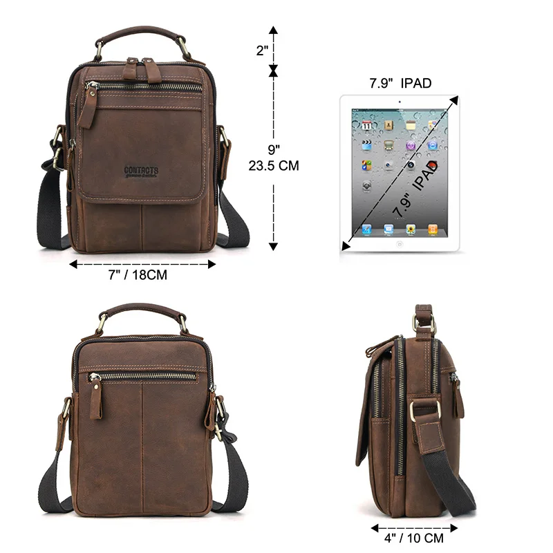 Crazy Horse Cowhide Men Crossbody Bag Retro Male Handbag For 7.9\